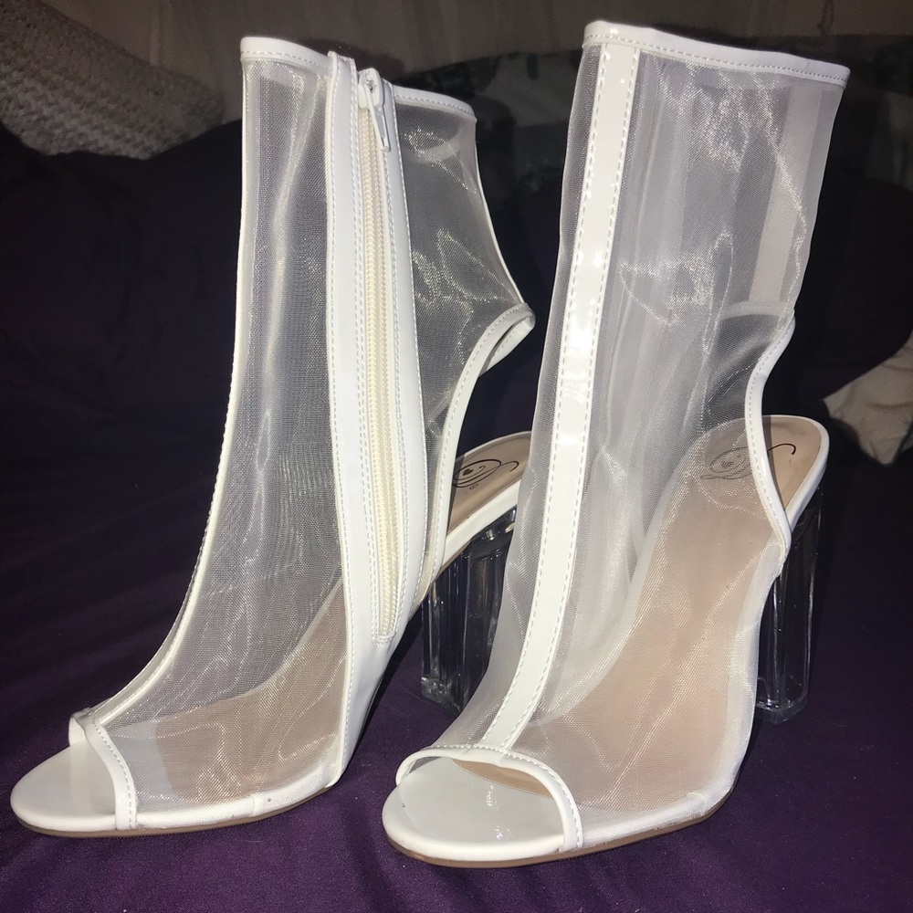 White sheer open toed booties